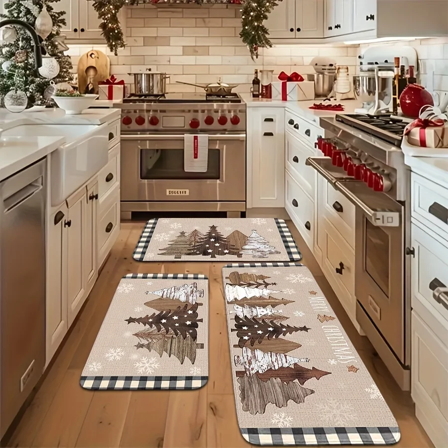 VIKAMA Set Christmas Kitchen Floor Mats Non Slip Washable Linen Texture Wooden Xmas Tree Snowflake Runner Rug for Family Xmas