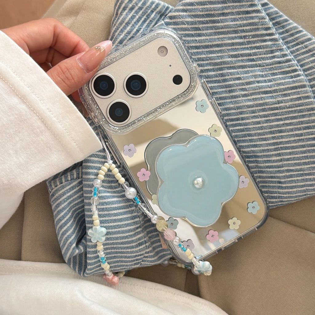 Capa de Celular Antichoque com Espelho de Glitter Azul Floral e Suporte Floral, Cordão de Contas para iPhone 17 16 15 14 Pro Max