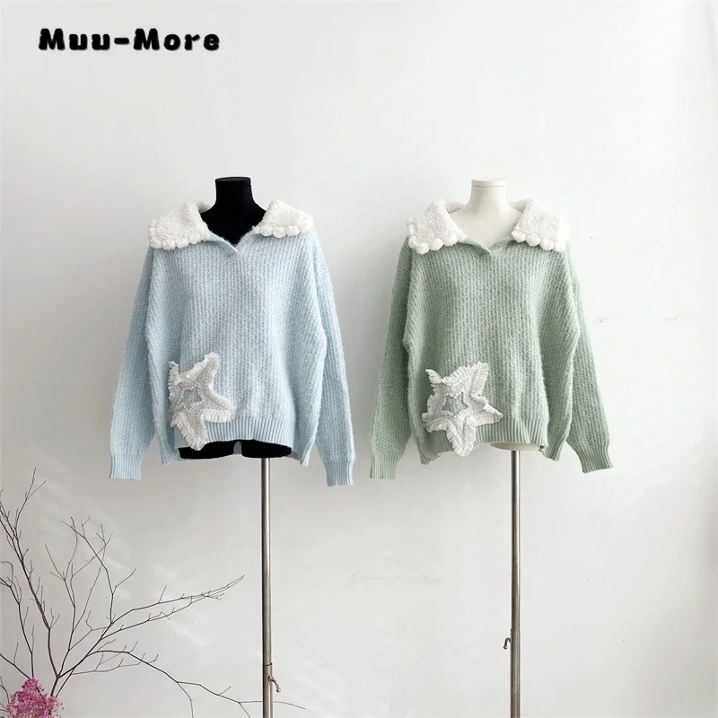 

2023 Winter Sweet Casual Y2K Knitting Long Sleeve Female Pullovers Korean Fashion Women 3D Decoration Turn Down Collar Sweater