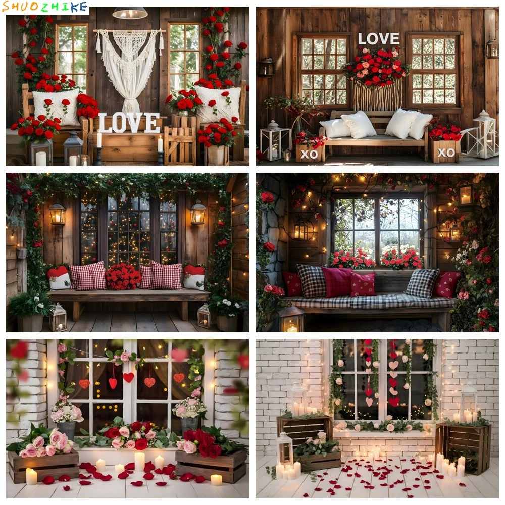 خلفية تصوير لعيد الحب، منزل خشبي، زهور الورد، زفاف 14 فبراير، ديكور حفلات، خلفية استوديو الصور