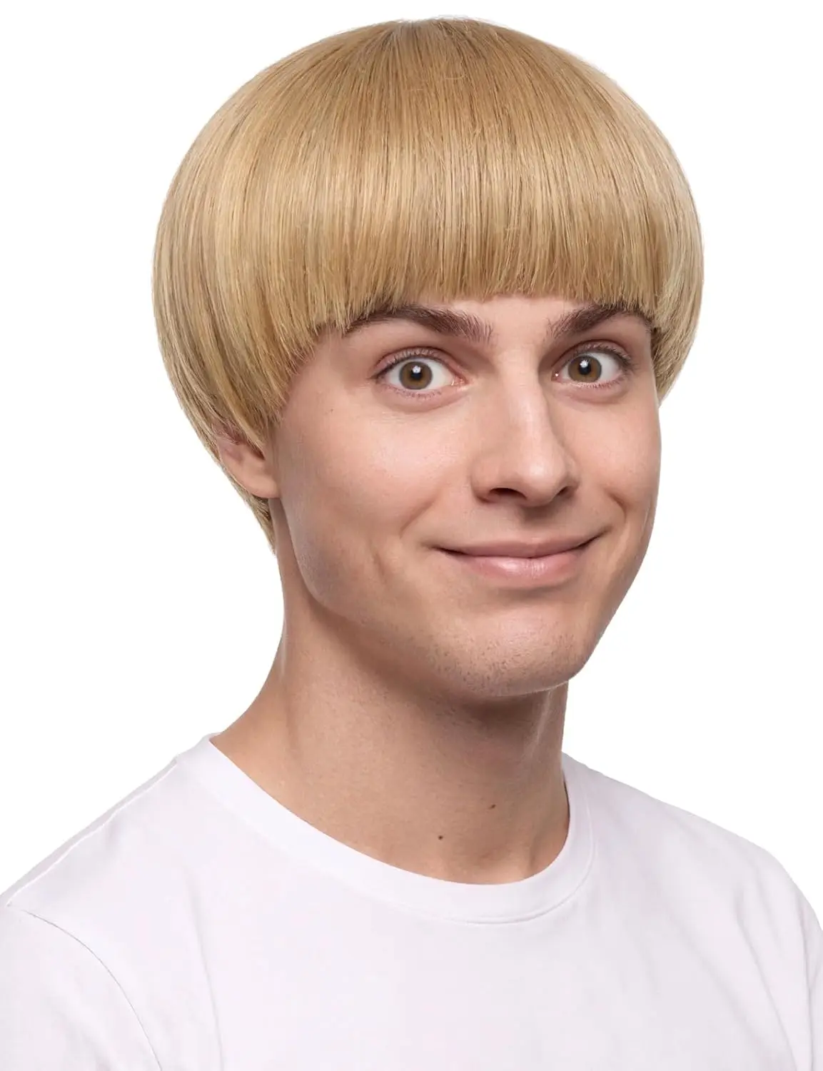 Blonde Mushroom Wig for Men Short Bowl Cut Wigs for Halloween Party Funny Blond Bob Synthetic Wigs with Bangs for Man