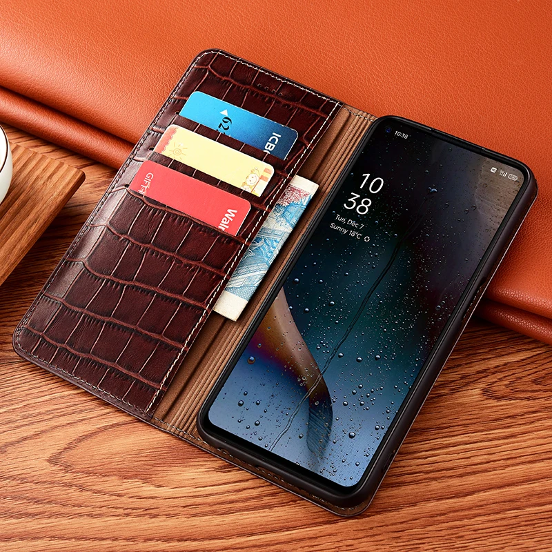 

For Realme X XT X2 X3 3 5 6 7 8 8i 9 9i 10 Pro Plus Bamboo Knot Pattern Genuine Leather Flip Phone Case Cowhide Scratch-Proof