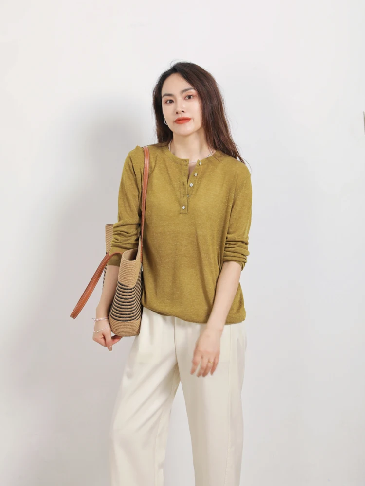 

Свободный длинный топ из тонкой трикотажной льняной ткани для женщин, весна-лето, с круглым вырезом, для кондиционированных помещений