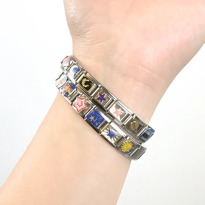 Trusta 2024 Fashion Cute Blue Star Moon Charm Italian Links 9mm Stainless Steel Bracelet For Women DIY Jewelry Wholesale N016