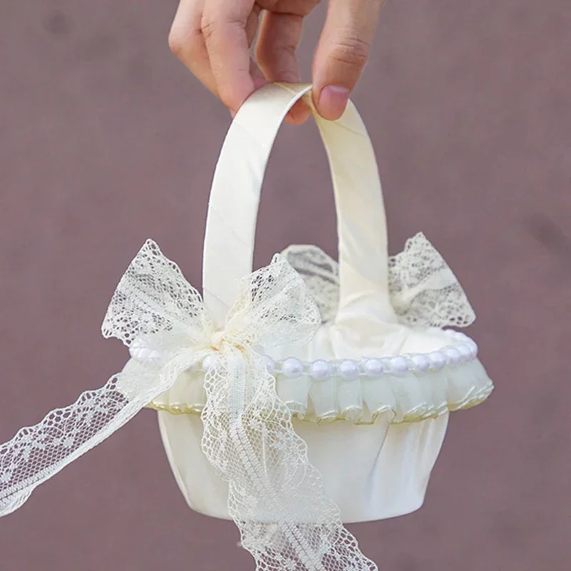 1pc Champagne Lace Bow Wedding Basket Teen Girl Basket for Wedding Baskets Small Candy Basket-Diameter 4.33 "(11cm)