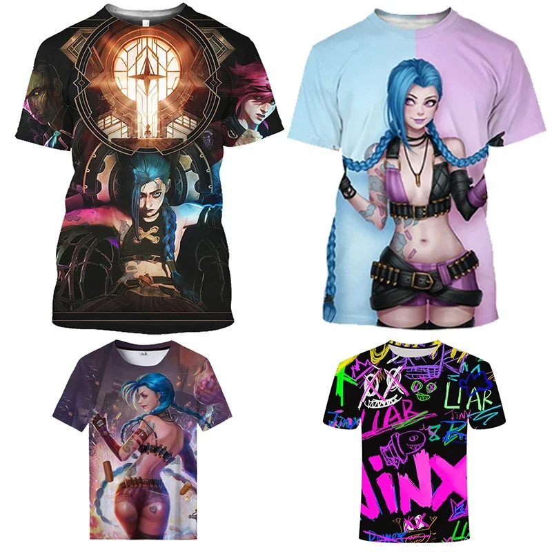 Moda Hip Hop Anime 3D drukuj mężczyźni kobiety koszulka Arcane ligi Jinx wykresach O-neck krótki rękaw Top letnie ubrania Streetwear w stylu Casual