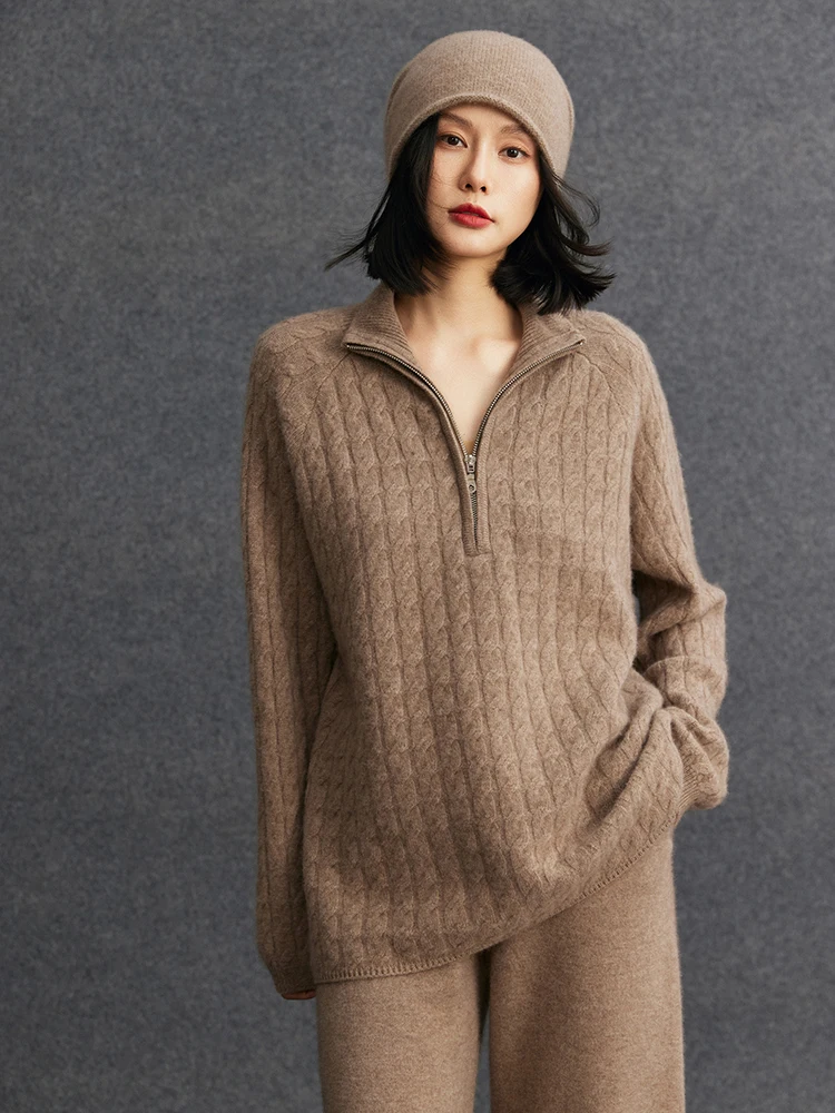 TLOML Neue frauen 100% Kaschmir Pullover Zipper Zopfmuster Pullover Kaschmir Strickwaren Herbst Winter Dicke Weiche Lose Casual Tops