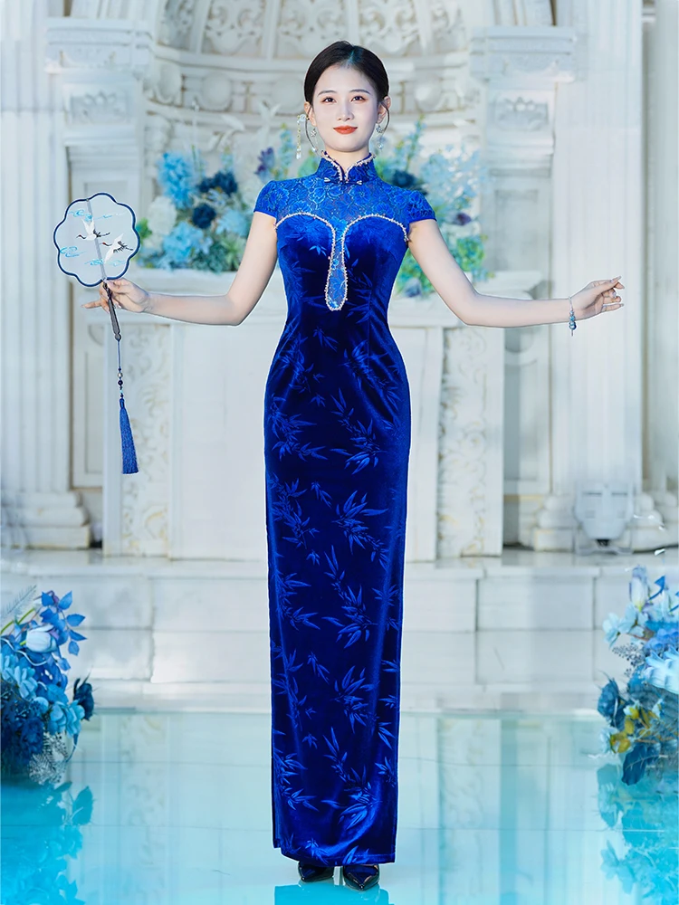 

Ele Long Velvet Qipao Dr Women's Faion ow Performance Gown High Slit Warm ort Sve Pure Color Autumn Winter New