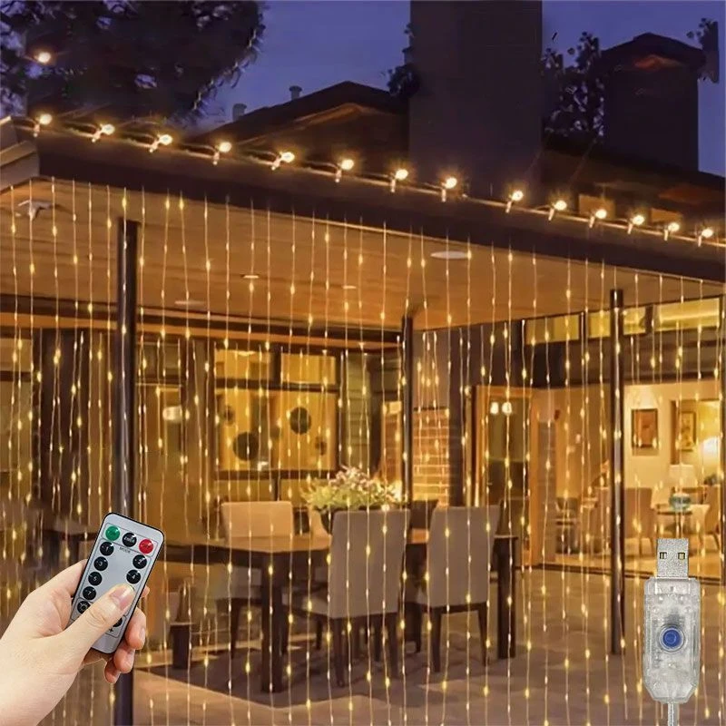 

USB 8 Modes Outdoor LED Curtain Lights with Remote Control,for Wedding Party,Wall,Home Window,Fairy Garden Christmas Decorations