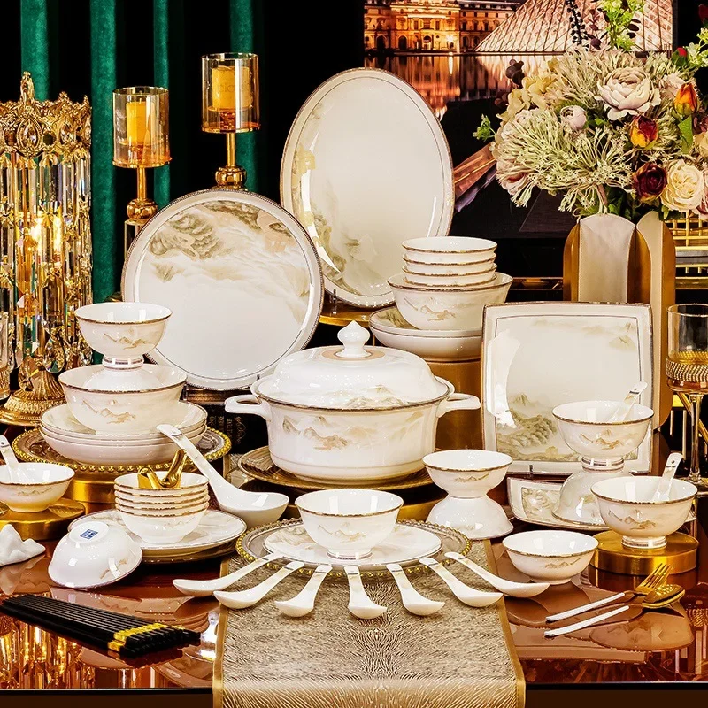 

CLLminimalist Bowls, Plates, Tableware Set, National Day Gifts, Household Jingdezhen Chinese Ceramic Dishes, Full Set