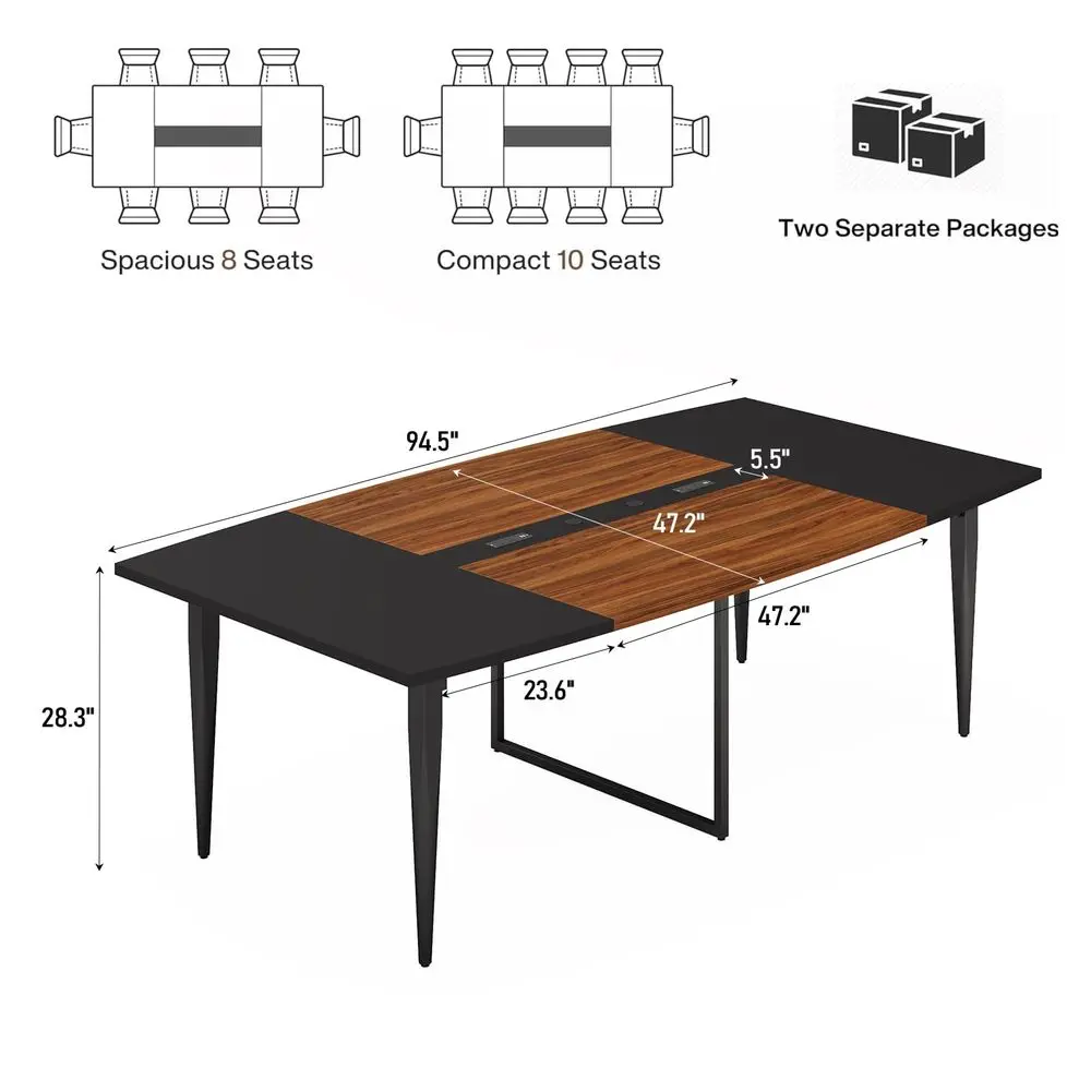 

8FT Conference Table with Power Hubs, Large Meeting Table for 810 People, Sturdy Metal Legs, 2 Cable Grommets, Modern Office Co