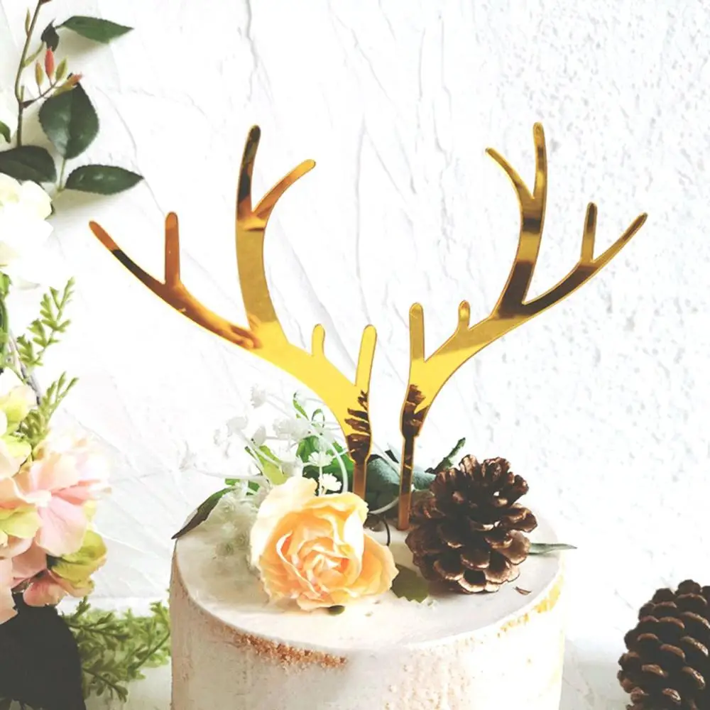 1 PCS Cute Reindeer Shape Cake Topper Simple Acrylic Cake Decorations Creative Deer Antler Cupcake Topper