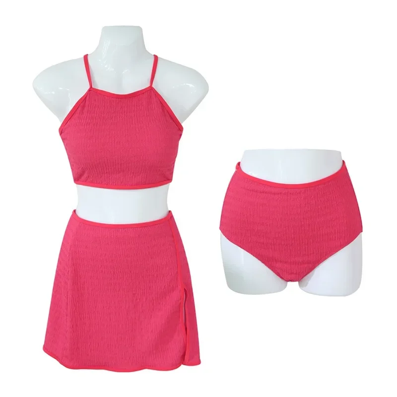 Sexy 3 Pieces Set Swimwear Women High Waist Pink Bikini Set Female High Neck Swimsuit Korean Beach Wear Bathing Suit 2025 New