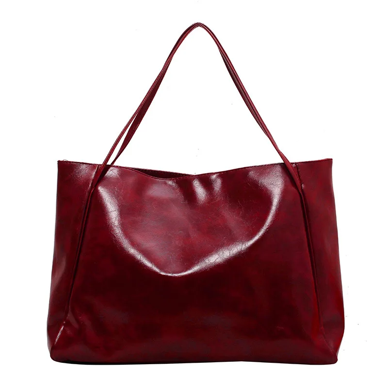 Retro Burgundy Large Capacity Tote Bag Solid Simple Women\'s Soft Leather Magnetic Buckle Underarm Bags School Commuting Handbag