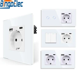 Bingoelec EU Standard Wall Light Switch white Crystal Glass Panel Switch Panel With Wall Socket With tomada usb type-c