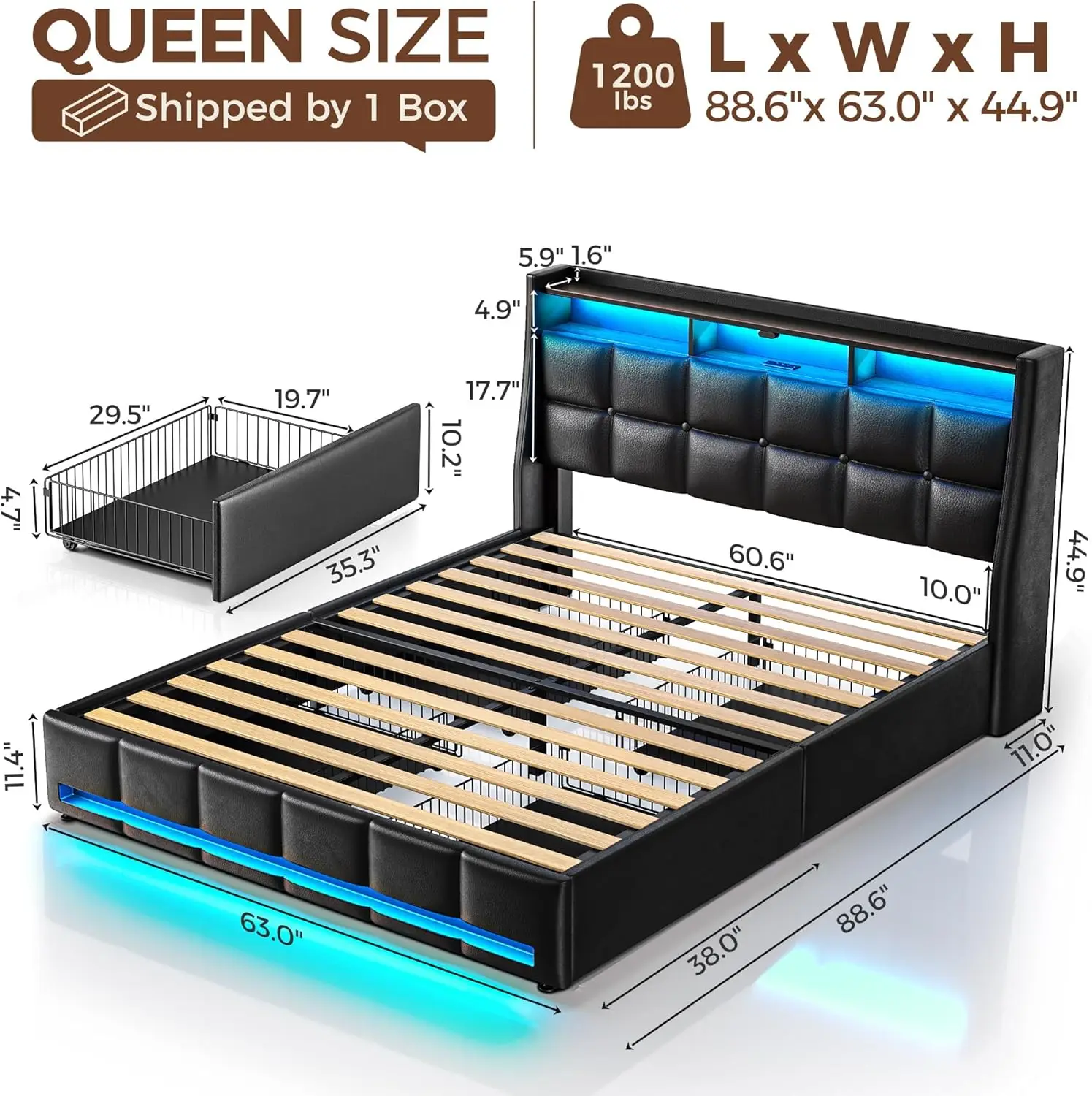 Queen Size Bed Frame with LED Lights and Charging Station, PU Leather Bed Storage Headboard