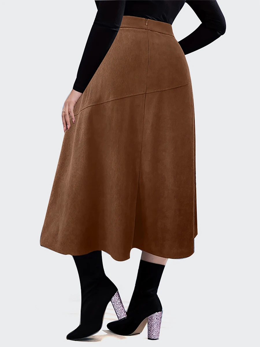 Women s Corduroy Midi Skirt Solid Color High Waist Fall Plus Size Skirt Swing A Line Skirt