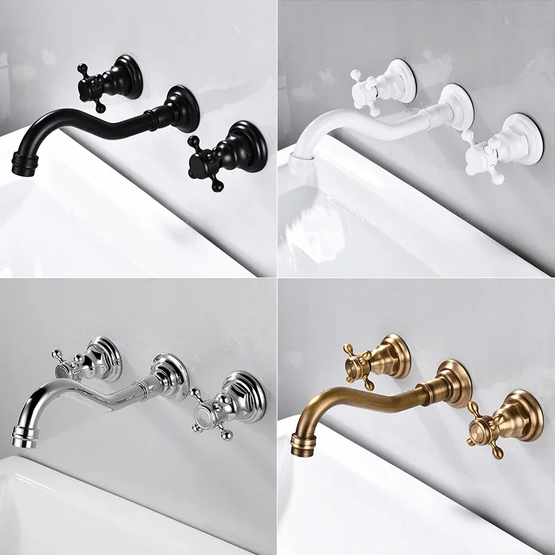 

European-Style Retro Wall-Mounted Basin Faucet Hot and Cold Water Washbasin Inter-Platform Basin Wash Basin Copper Faucet