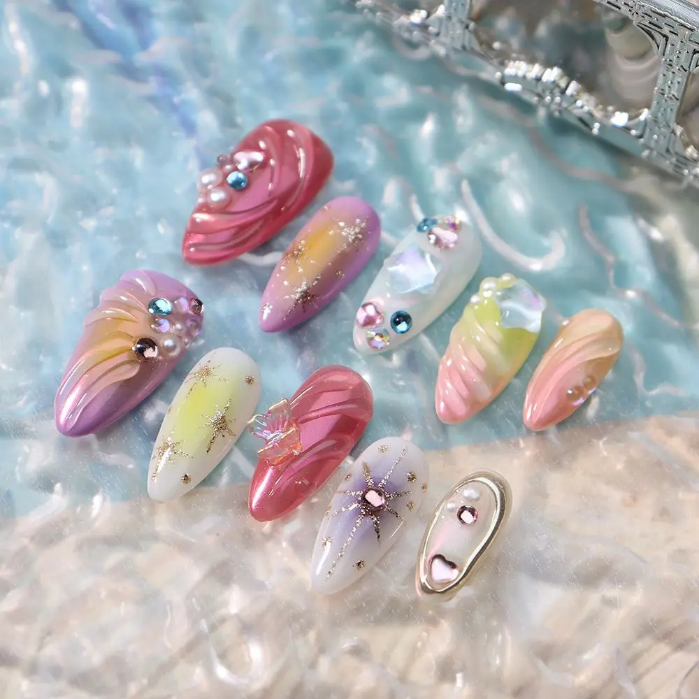 

10PCS/Set Handmade Fake Nails 3D Colorful Summer Sea Starfish Designs Press on Nails Midium Almond Manicure False Nail Tips