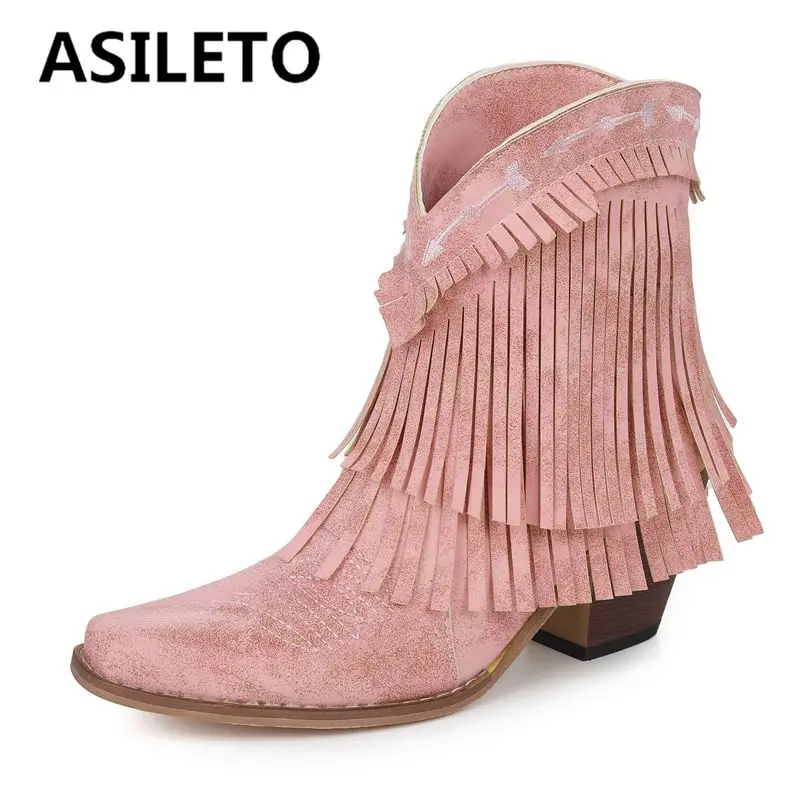 

ASILETO 2024 New Design Women Fringe Ankle Boots Square Toe Slip On Mixed Plus Size 46 47 Fashion Daily Women Western Booties