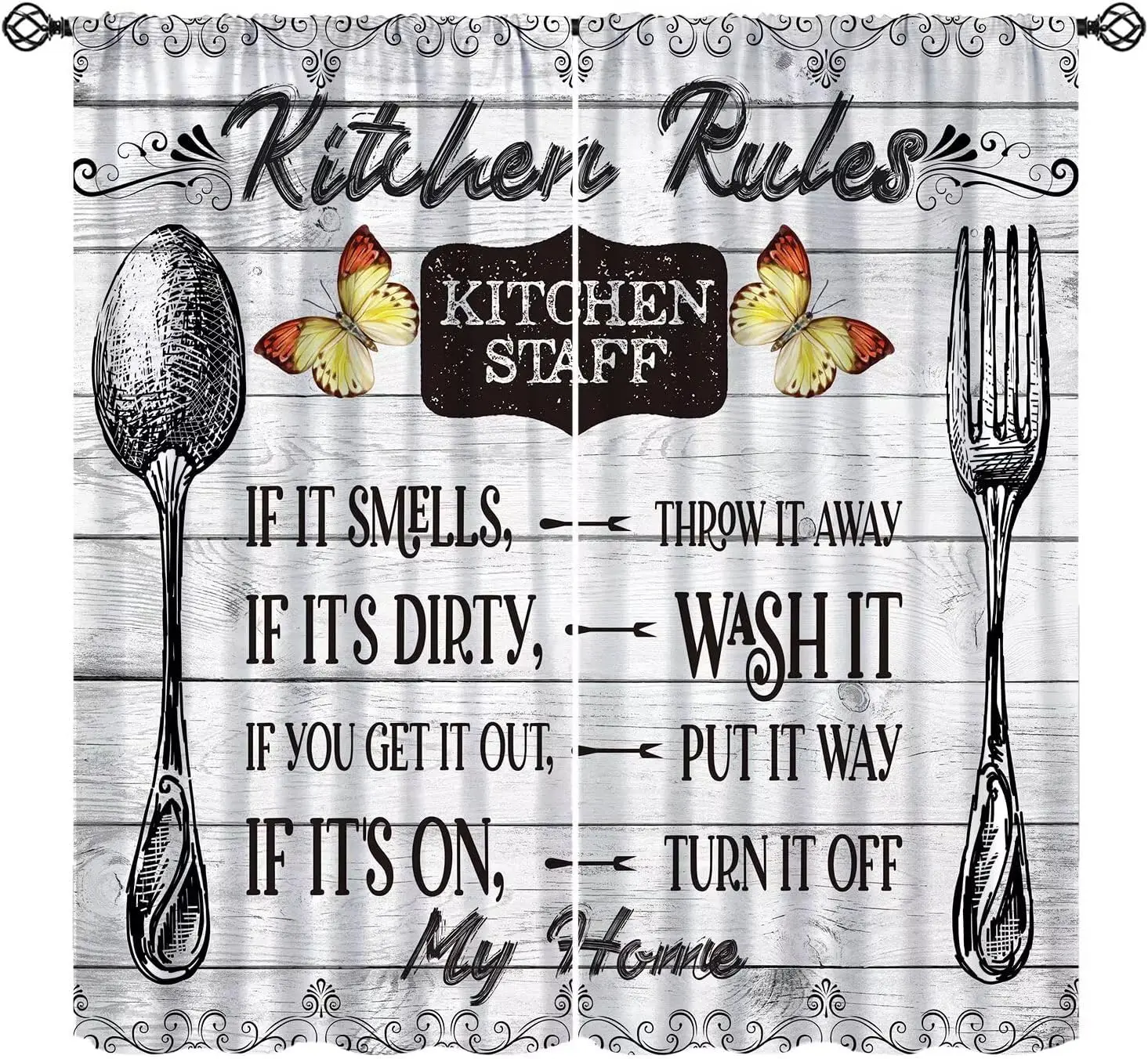 Vintage Country Kitchen Curtains,Farmhouse Knife and Fork Valley Print Butterfly Wood Cafe Curtains for Home Living Room Bedroom