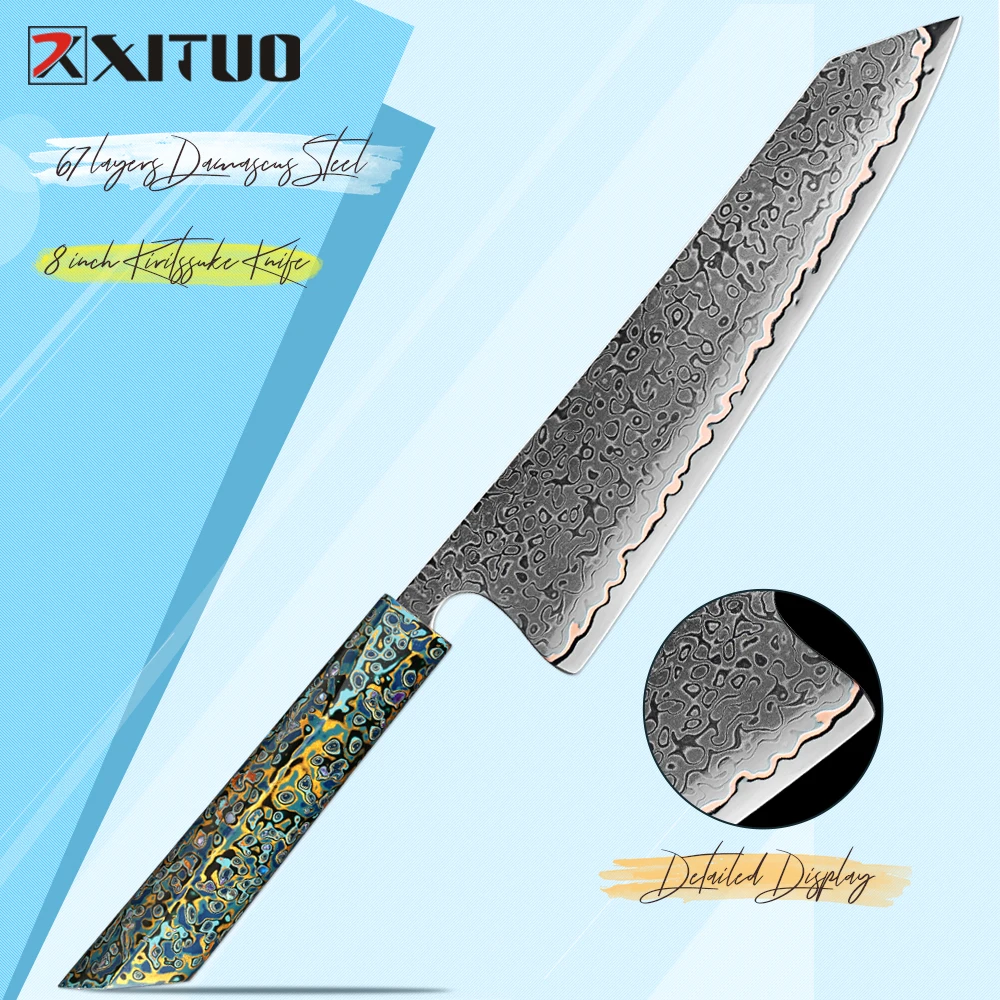 Japanese 55-Layer Copper Damascus Steel 8 Inch Kiritssuke Chef Knife Traditional Lacquered Wood Handle Ultra-Sharp Kitchen Knife