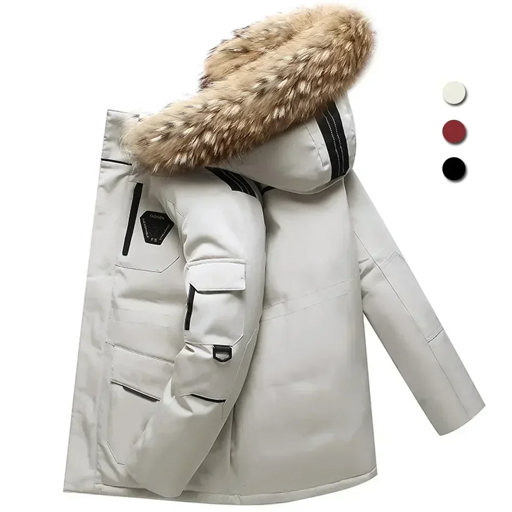 Chaqueta de plumón de invierno para hombre, Parkas de plumón de pato blanco 90%, abrigo de longitud media con Cuello de piel para hombre, abrigos de nieve gruesos que mantienen el calor de 30 grados