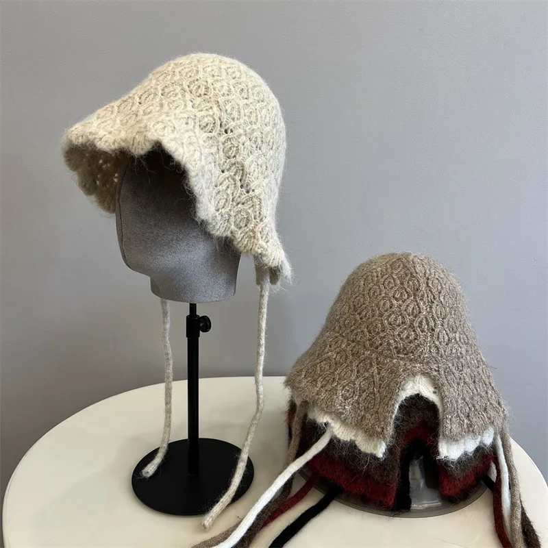 

Autumn and Winter New Knitted Ear Protector Hollow Cap for Women's Warmth and Versatile Knitted Bucket Hat