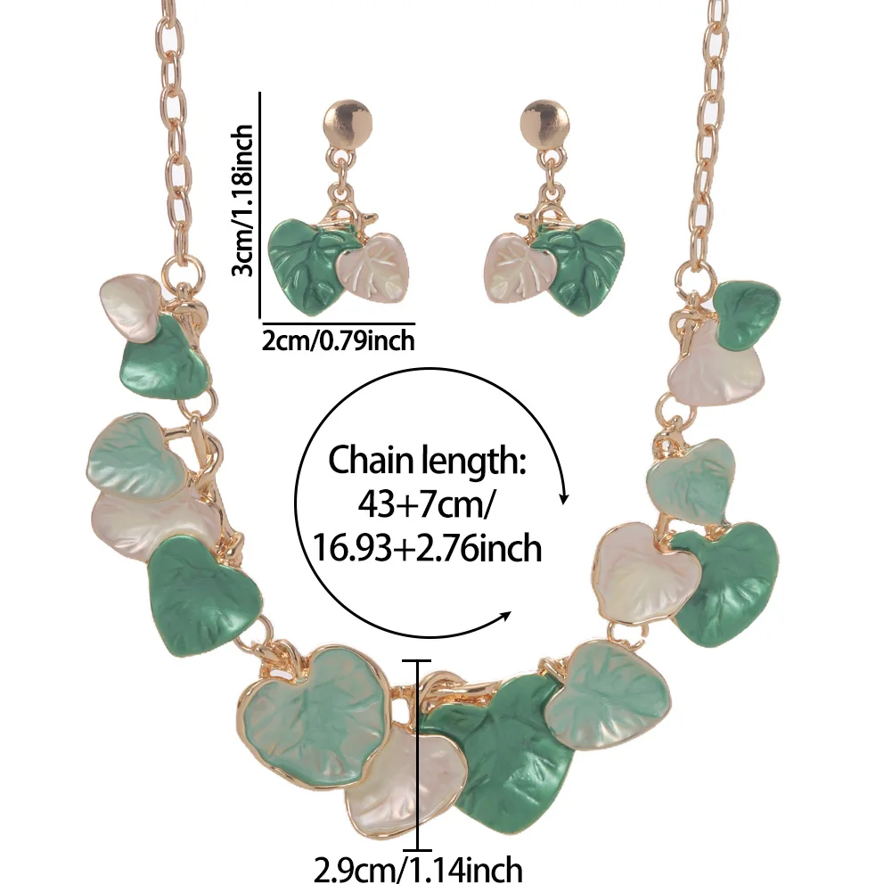 Cring Coco Women's Enamel Heart Leaf Jewelry Sets Vintage Chain Necklaces Earring Set Graduation Season Gift for Friend Teacher