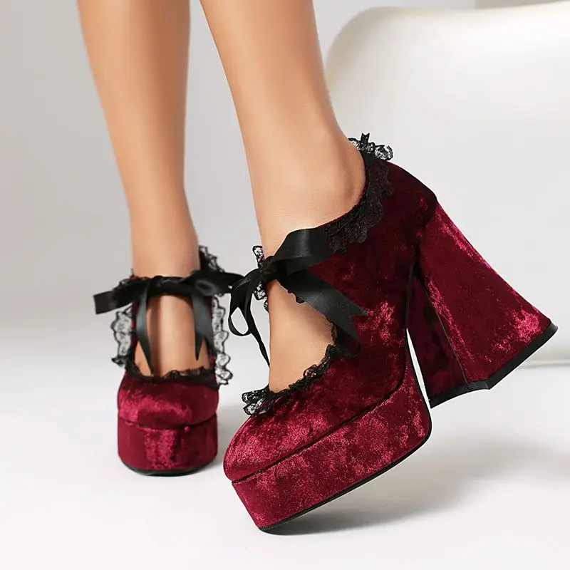 

SIMLOVEYO Women Pumps Round Toe 12cm Block Heels 3cm Platform Lace-Up Flock Suede Fashion Style Big Sizes 41-43 Red Shoes Women