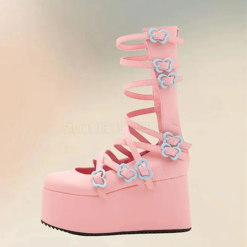 

Розовые женские ботинки на платформе с вырезами и пряжкой, на танкетке, с круглым носком, на молнии сзади, для вечеринок и банкетов, 2026