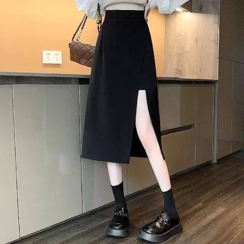 Skirts Women Summer Girls Side-slit High Waist A-line Slender Korean Style Designed Trendy Solid Simple All-match Attractive 3XL