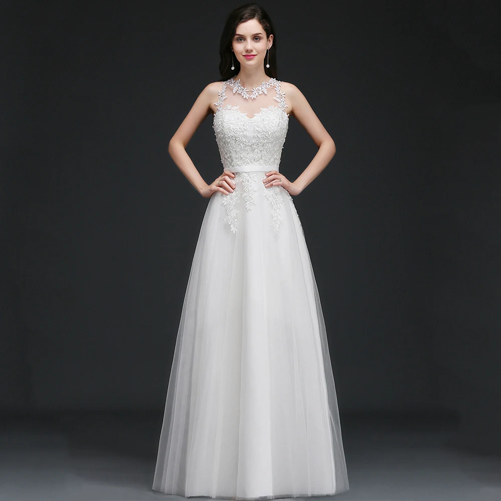 

Elegant Applique Sleeveless Wedding Dress O-Neck with Belt A-Line Tulle Floor Length Sexy Illusion Back Bridal Zipper Gowns