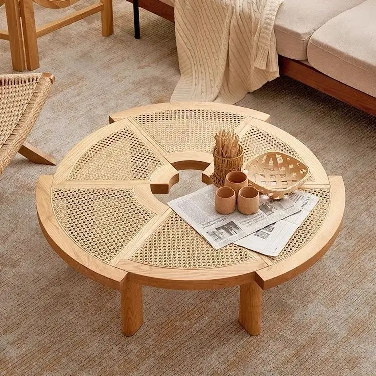 

Japanese Style Solid Wood Rattan Living Room Coffee Table Home Furniture Modern Simple Creative Side Table Round Coffee Tables