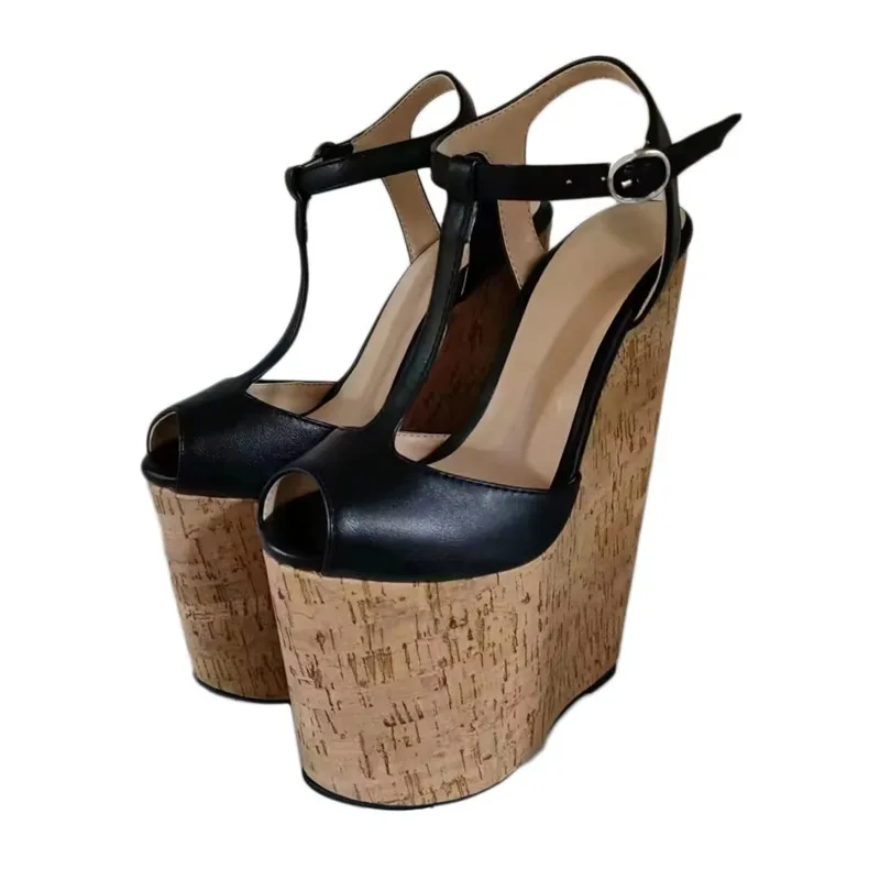 

SHOFOO Fashionable women's high-heeled sandals. Black leather sandals. About 15-17 cm heel height. Wedges platform sandals.34-46