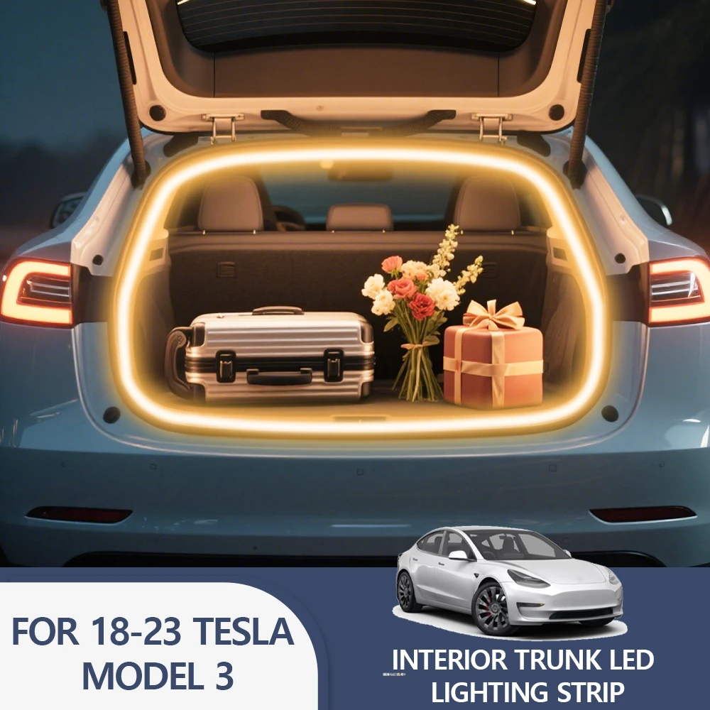 

Светодиодная лента для багажника Tesla Model 3 2018-2023 гг., модификация для автомобиля, подсветка багажника, декоративная подсветка салона, светодиодная лента для багажника.