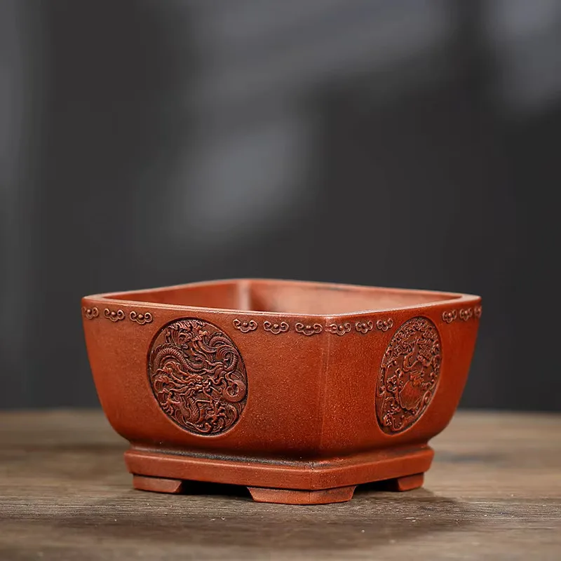 Small Purple Sand Bonsai Pot, Chinese Carved Pattern,Small Flower Moss Planting,Garden Decoration,Red Amber Color