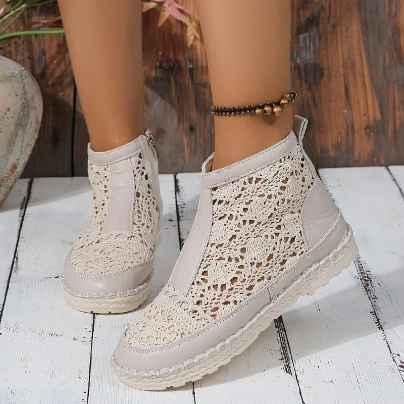 2024Hot Selling Mesh Women\'s Shoes PU Stitching Hollow Low Heel Short Zipper Summer Solid Color Sandals Fashionable Women\'sBoots