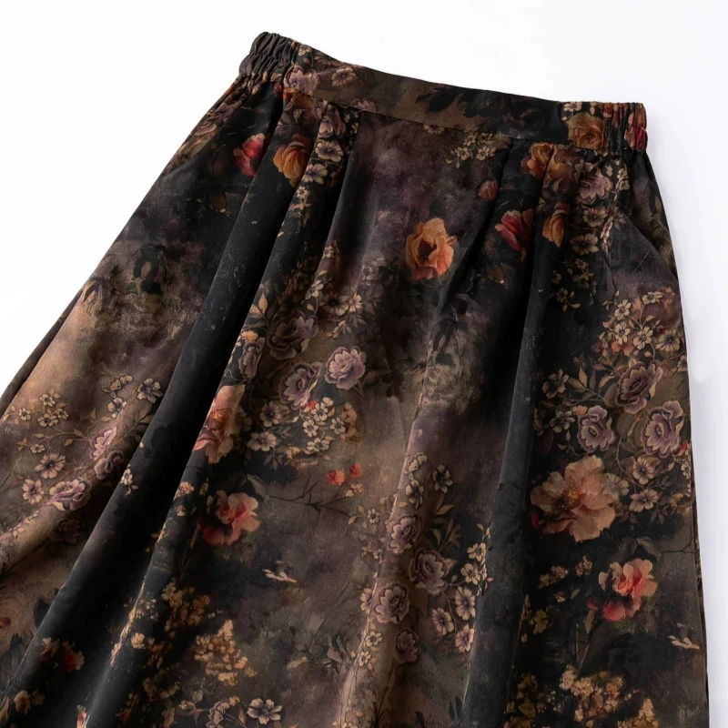 Birdtree, 100% Real Silk Jacquard Satin Skirt, Elastic Waist, Women's Floral Luo Xiangyunsha Skirts, 2026 Autumn New D68934JF