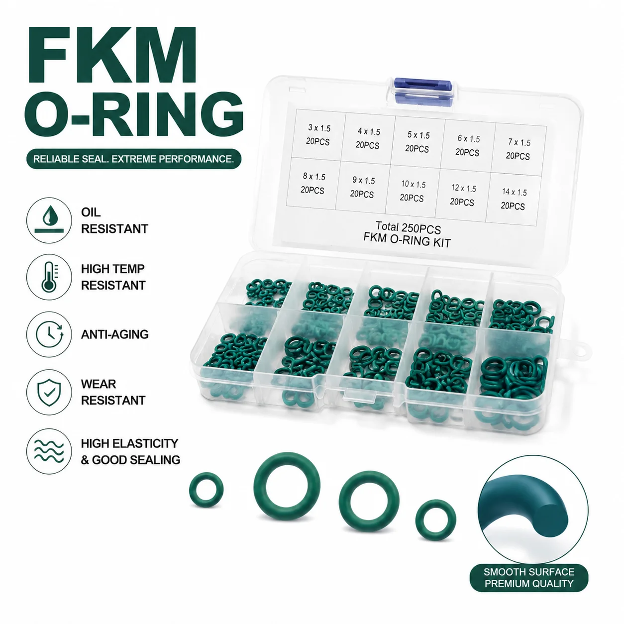 250PCS Green FKM Fluororubber O-ring Repair Box OD4-10mm CS1/1.5mm Anti-aging and Anti Leakage Sealing Accessories