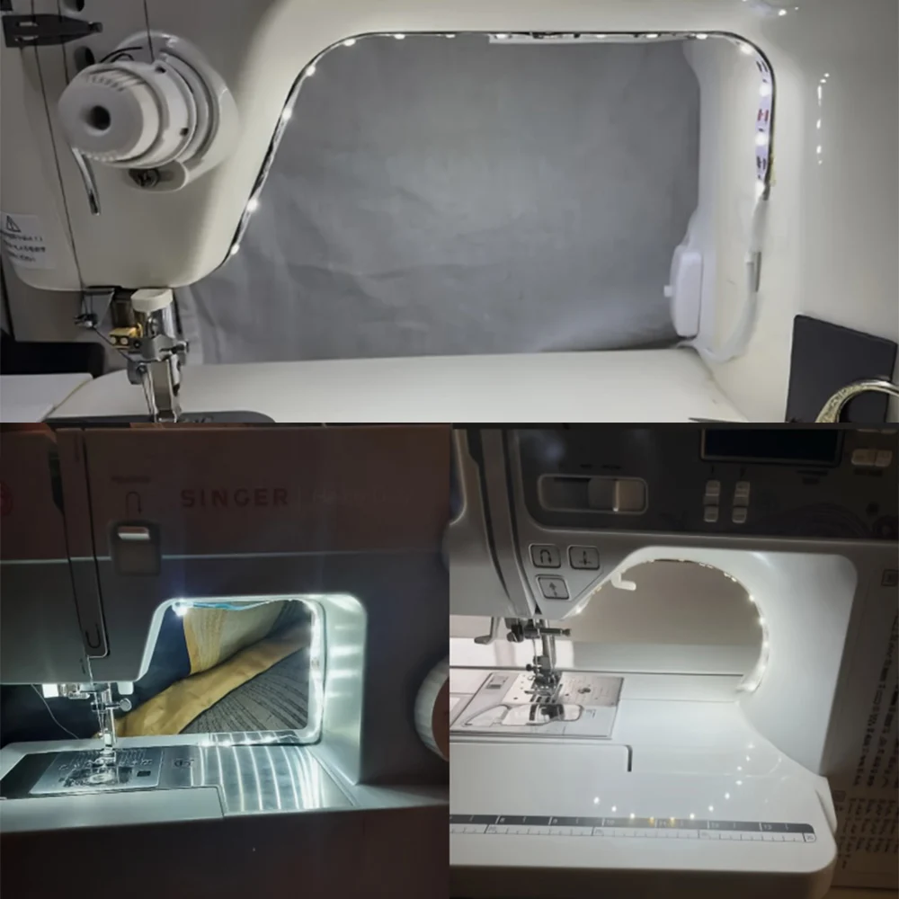 Touch LED light strip with adjustable brightness and five positioning snaps for sewing machines and cabinets.