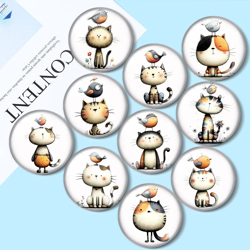 Cartoon Cat with Little Bird 12/18/20/25mm glass cabochon  bracelet pendant rings for jewelry demo earrings back Making findings