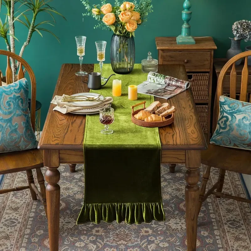 Velvet Table Runner Soft Decorative Luxurious Solid Olive Green Custom Retro Ruffle Flounces Table Runner for Restaurant