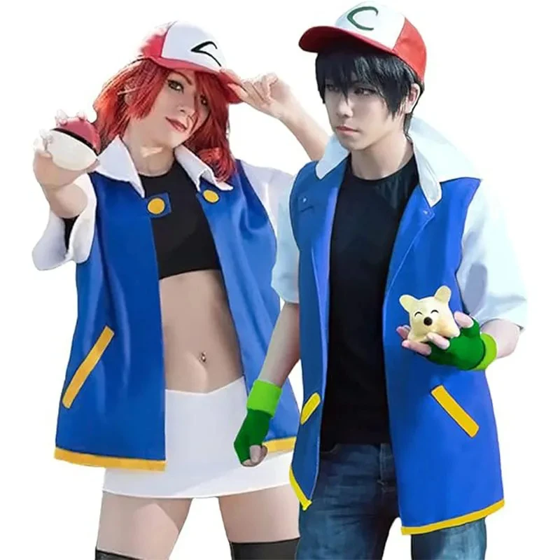 Disfraz de Anime Ash Ketchum para hombre y niña, conjunto de chaqueta azul, guantes y gorro de Pokémon para fiesta