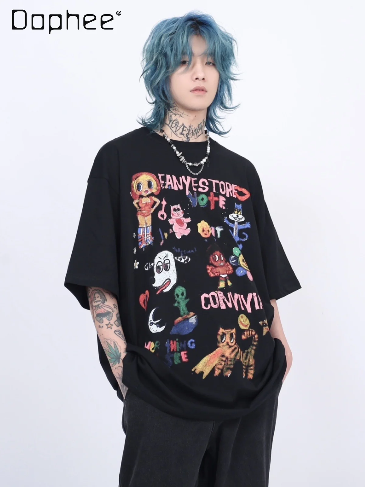 

Летняя новая американская ретро забавная черная футболка с мультяшным принтом для пары, модная свободная уличная белая повседневная футболка с коротким рукавом