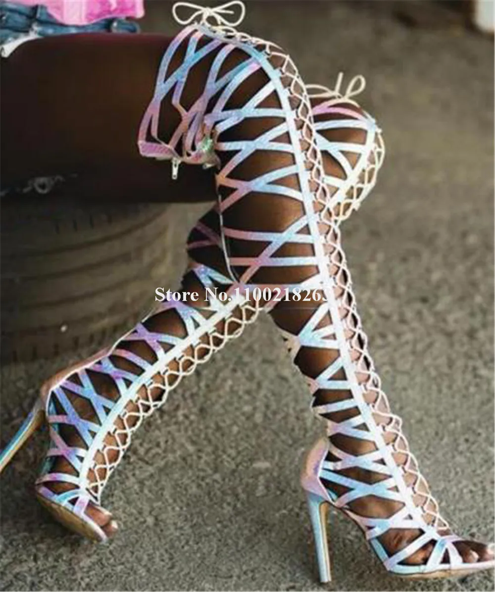 Iridescent Blue Silver Straps Cross Long Gladiator Boots Open Toe Snake Pattern Leather Stiletto Heel Over Knee Sandal Boots