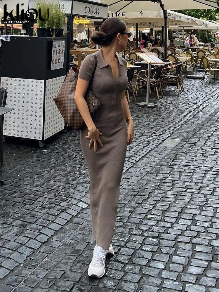 Kliou Elegante Büro Dame Maxi Kleid Frauen Solide Mode drehen-unten Kragen Kurzarm Taste Seite Schlitz Körper-gestaltung Straße Robe – Detail 17