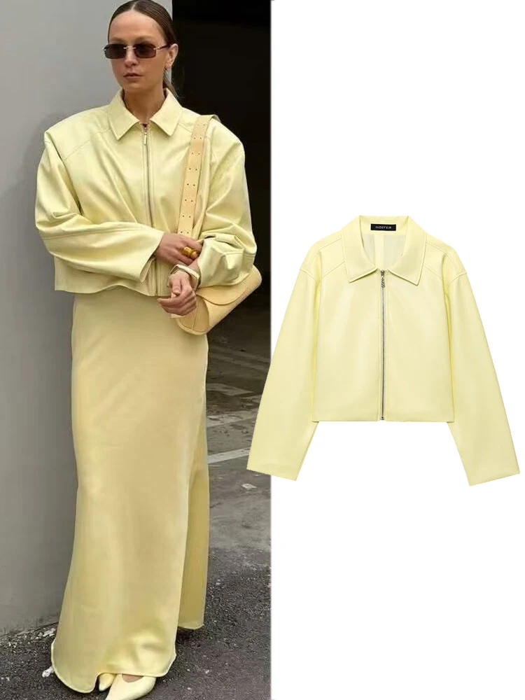 

HH Autumn Women's Retro Cream Yellow PU Leather Jacket Short Top Fashion Lapel Zipper Women's Long Sleeve Street Jacket Y2K
