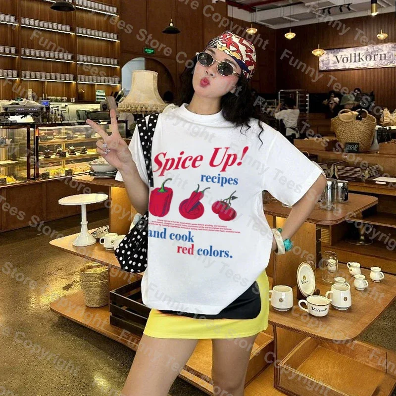 Female Spice Up Y2k Streetwear Top Cute Retro Chili Tomato T-Shirt Oversized Cotton Foodie Graphic Tees Women Aesthetic Clothing