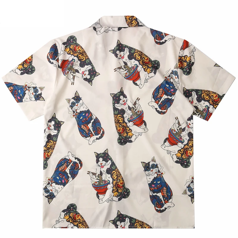 Aelfric Eden Ukiyoe Smoking Cat Beach Shirt Short Sleeve Aloha Shirt Men Hawaiian Shirt Hip Hop Streetwear Japanese Harajuku Top